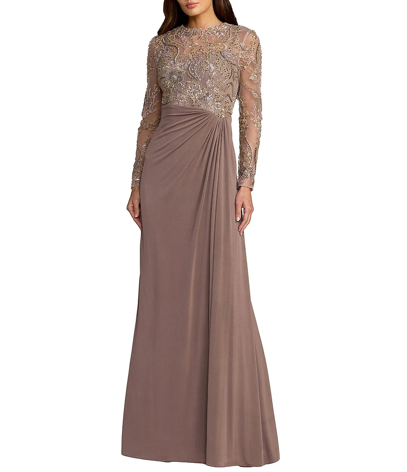 Mac Duggal Sequin Embroidered Long Sleeve Jersey Skirt Gown