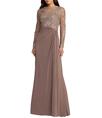Mac Duggal Sequin Embroidered Long Sleeve Jersey Skirt Gown