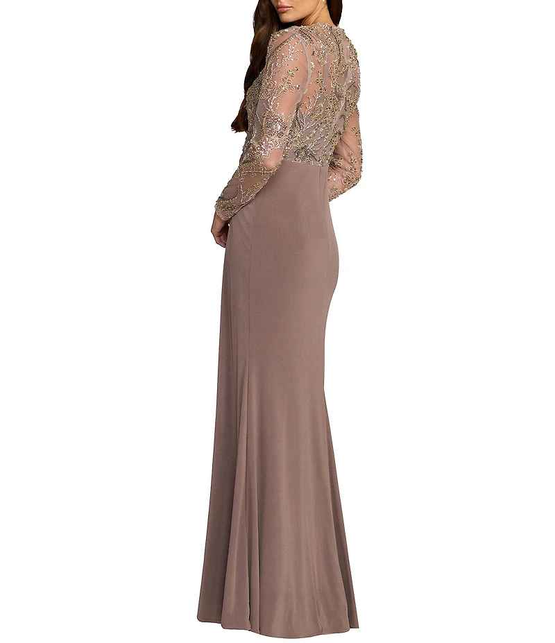 Mac Duggal Sequin Embroidered Long Sleeve Jersey Skirt Gown