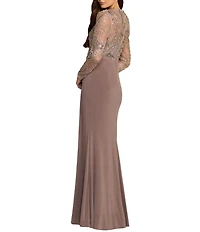 Mac Duggal Sequin Embroidered Long Sleeve Jersey Skirt Gown