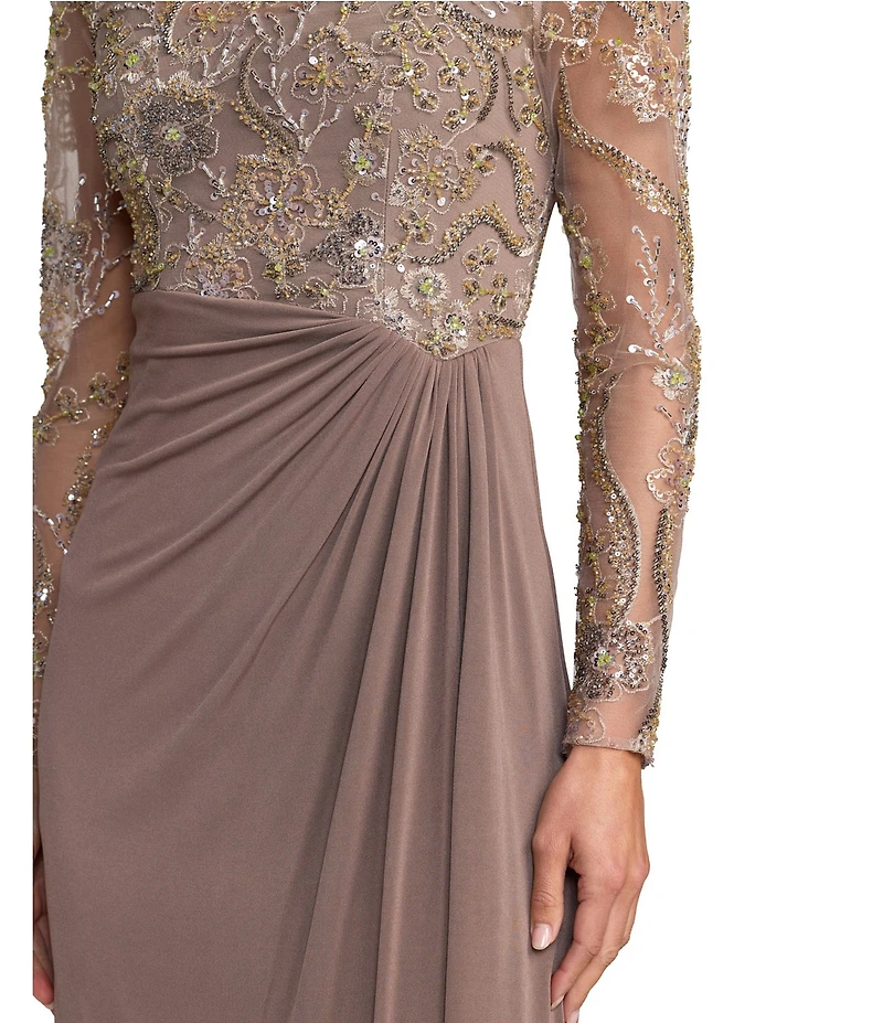 Mac Duggal Sequin Embroidered Long Sleeve Jersey Skirt Gown