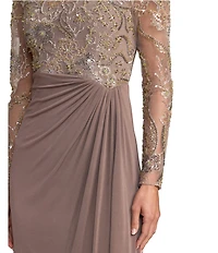Mac Duggal Sequin Embroidered Long Sleeve Jersey Skirt Gown
