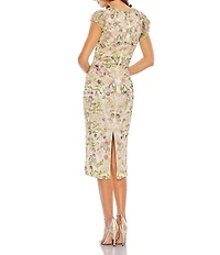 Mac Duggal Sequin Embroidered Surplice V-Neck Flutter Cap Sleeve Midi Sheath Dress