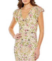 Mac Duggal Sequin Embroidered Surplice V-Neck Flutter Cap Sleeve Midi Sheath Dress