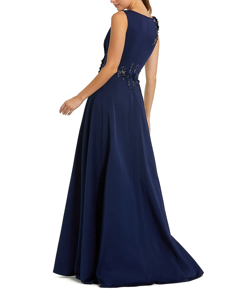 Mac Duggal Sequin Floral Applique Boat Neck Sleeveless Gathered Gown