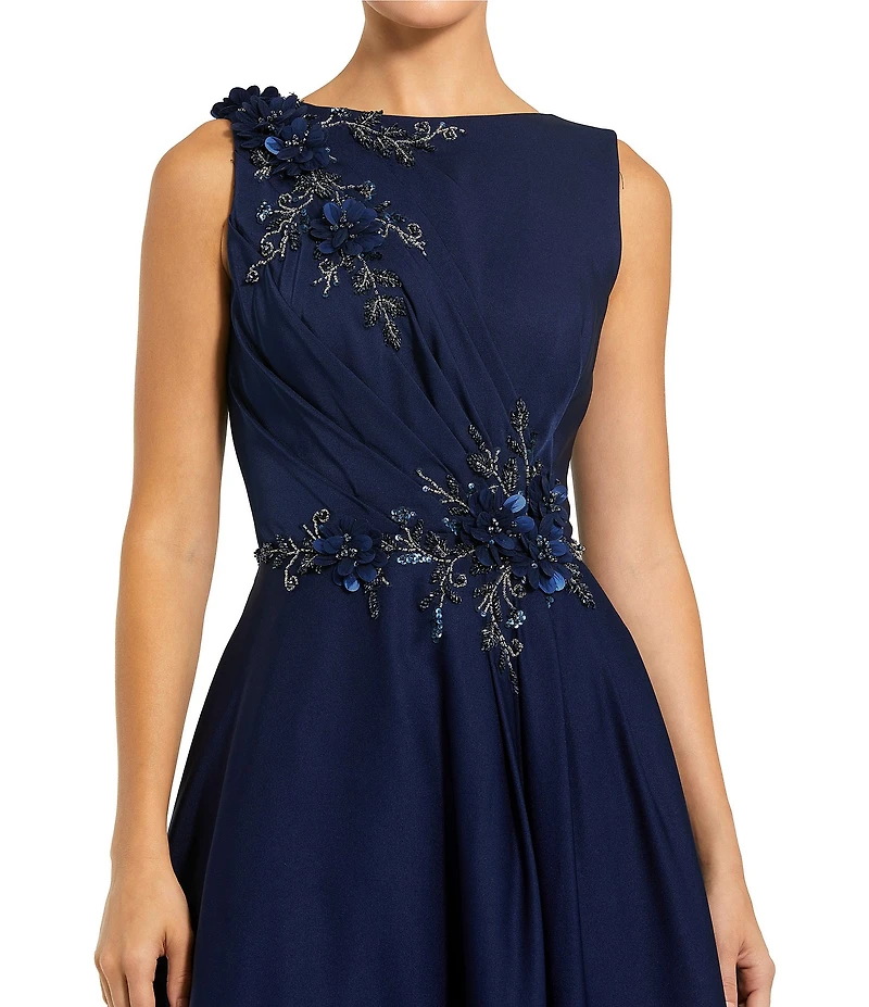 Mac Duggal Sequin Floral Applique Boat Neck Sleeveless Gathered Gown