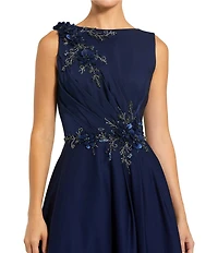 Mac Duggal Sequin Floral Applique Boat Neck Sleeveless Gathered Gown