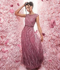 Mac Duggal Sequin Illusion Boat Neck Cap Sleeve A-Line Gown