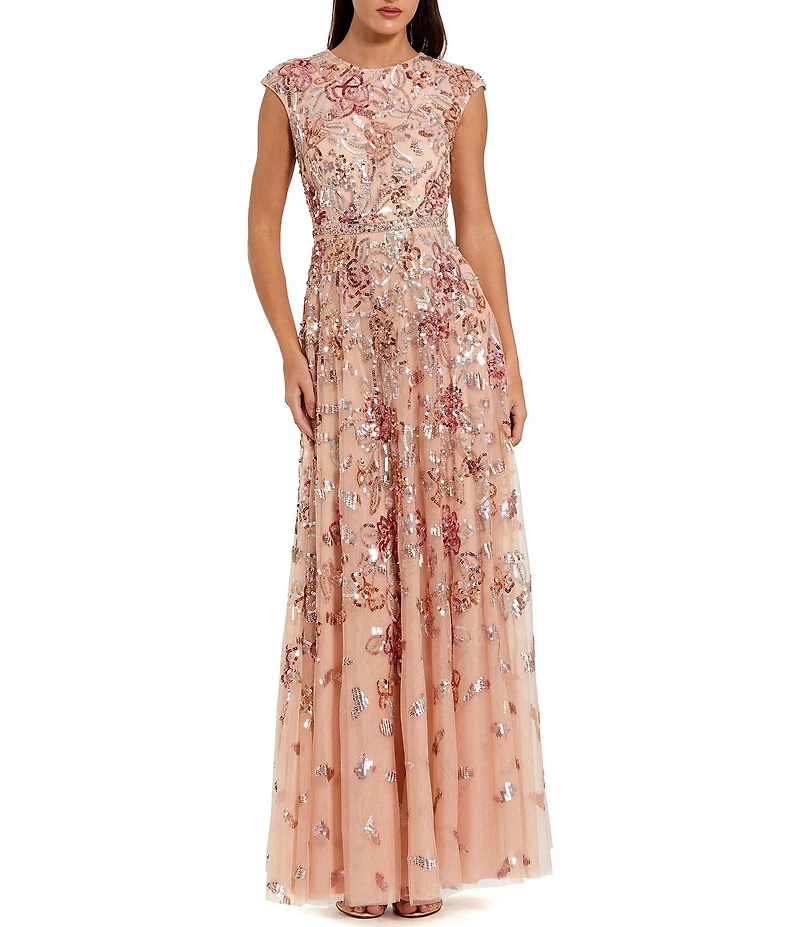 Mac Duggal Sequin Crew Neck Cap Sleeve A-Line Gown