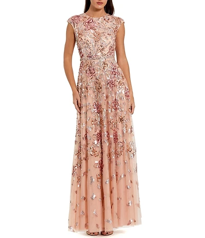 Mac Duggal Sequin Crew Neck Cap Sleeve A-Line Gown
