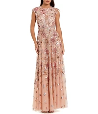 Mac Duggal Sequin Crew Neck Cap Sleeve A-Line Gown