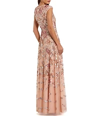 Mac Duggal Sequin Crew Neck Cap Sleeve A-Line Gown