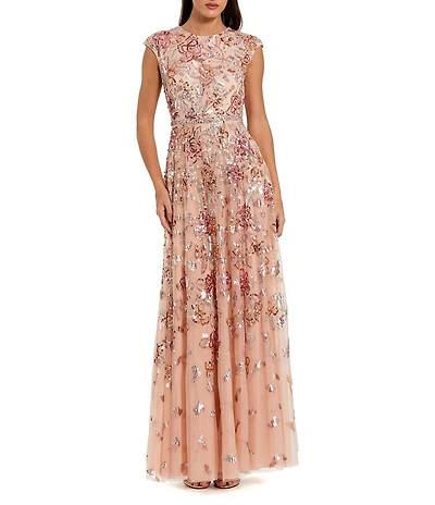 Mac Duggal Sequin Crew Neck Cap Sleeve A-Line Gown