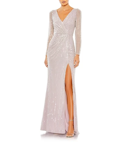 Mac Duggal Sequin Long Sleeve Surplice V-Neck Faux Wrap Thigh High Slit Sequin Gown