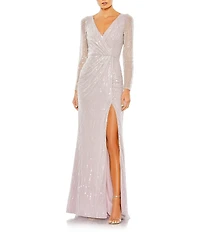 Mac Duggal Sequin Long Sleeve Surplice V-Neck Faux Wrap Thigh High Slit Sequin Gown