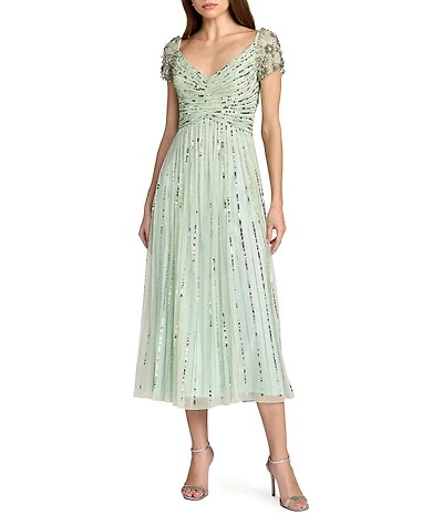 Mac Duggal Sequin Mesh Midi Dress With Beaded Short Sleeves