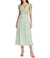 Mac Duggal Sequin Mesh Midi Dress With Beaded Short Sleeves