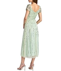 Mac Duggal Sequin Mesh Midi Dress With Beaded Short Sleeves
