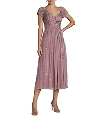 Mac Duggal Sequin Mesh Midi Dress With Beaded Short Sleeves