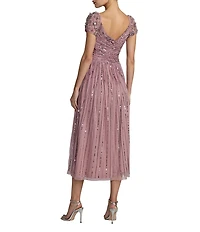 Mac Duggal Sequin Mesh Midi Dress With Beaded Short Sleeves