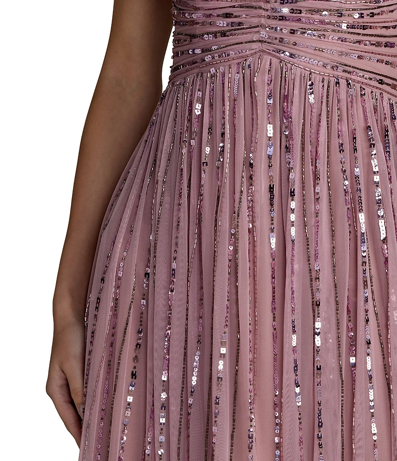 Mac Duggal Sequin Mesh Midi Dress With Beaded Short Sleeves