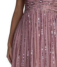 Mac Duggal Sequin Mesh Midi Dress With Beaded Short Sleeves