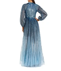 Mac Duggal Sequin Mesh Mock Neck Long Sleeve Ombre A-Line Gown
