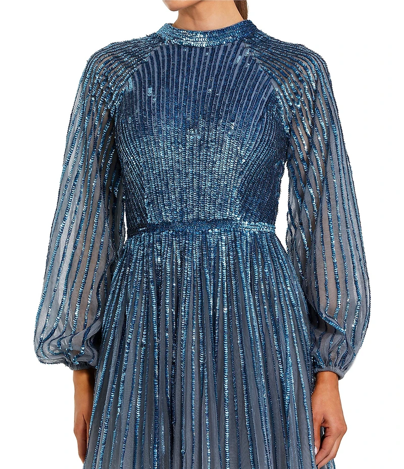 Mac Duggal Sequin Mesh Mock Neck Long Sleeve Ombre A-Line Gown
