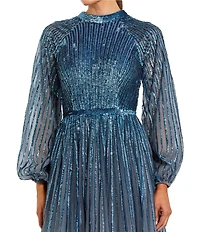 Mac Duggal Sequin Mesh Mock Neck Long Sleeve Ombre A-Line Gown