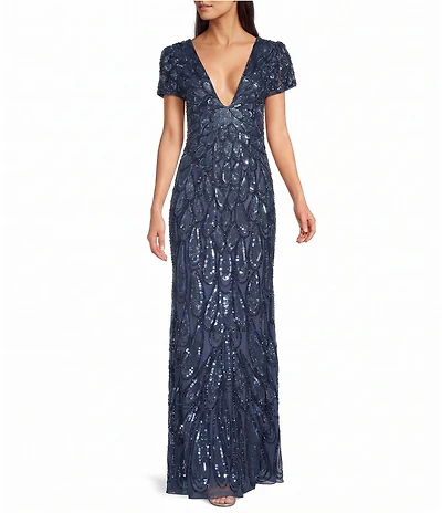 Mac Duggal Sequin Mesh Plunge V-Neck Short Sleeves Column Gown