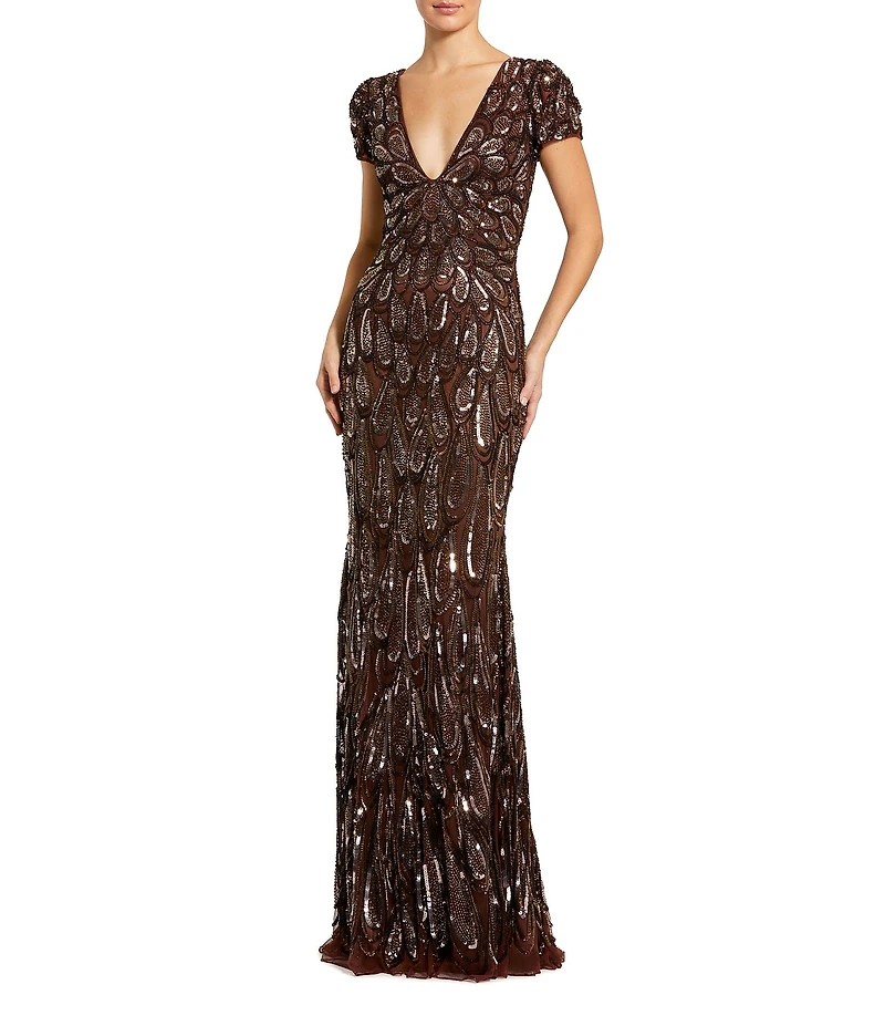 Mac Duggal Sequin Mesh Plunge V-Neck Short Sleeves Column Gown