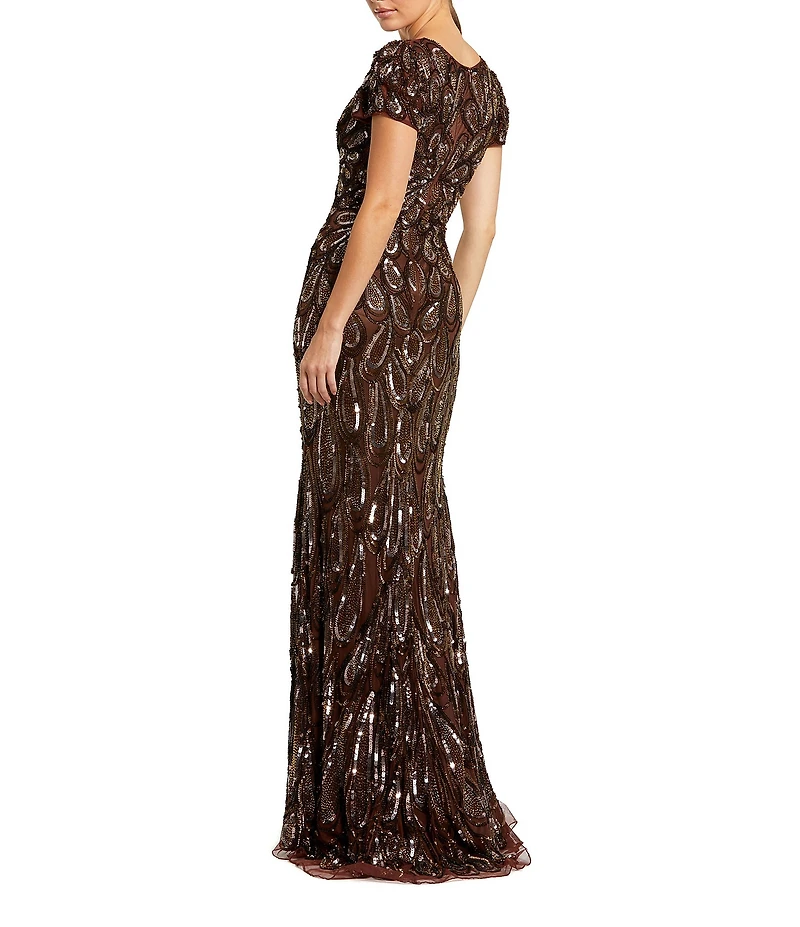 Mac Duggal Sequin Mesh Plunge V-Neck Short Sleeves Column Gown