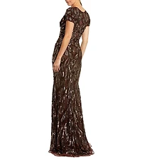 Mac Duggal Sequin Mesh Plunge V-Neck Short Sleeves Column Gown