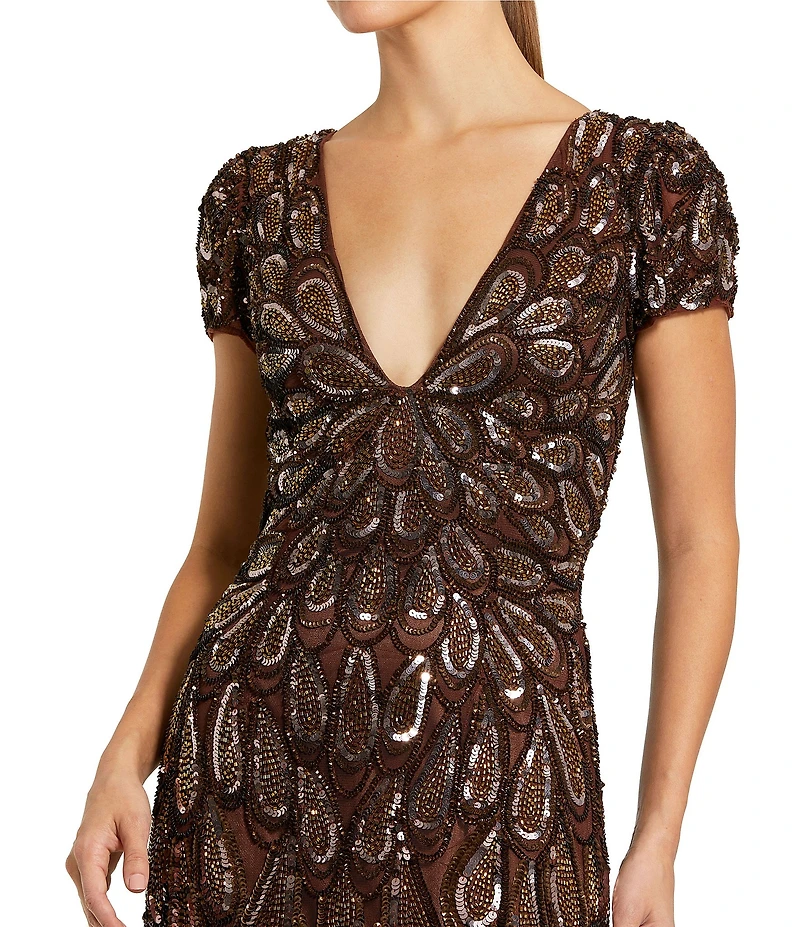 Mac Duggal Sequin Mesh Plunge V-Neck Short Sleeves Column Gown
