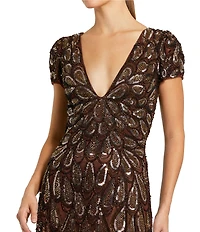 Mac Duggal Sequin Mesh Plunge V-Neck Short Sleeves Column Gown