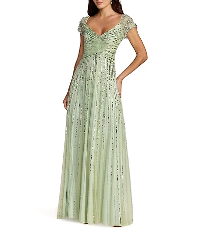 Mac Duggal Sequin Mesh V-Neck Beaded Shoulder A-Line Gown