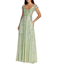 Mac Duggal Sequin Mesh V-Neck Beaded Shoulder A-Line Gown