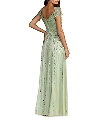 Mac Duggal Sequin Mesh V-Neck Beaded Shoulder A-Line Gown