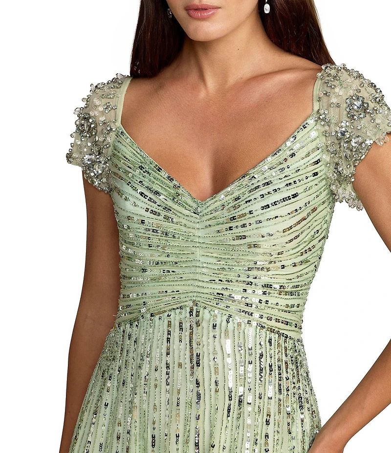 Mac Duggal Sequin Mesh V-Neck Beaded Shoulder A-Line Gown
