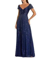 Mac Duggal Sequin Mesh V-Neck Beaded Shoulder A-Line Gown