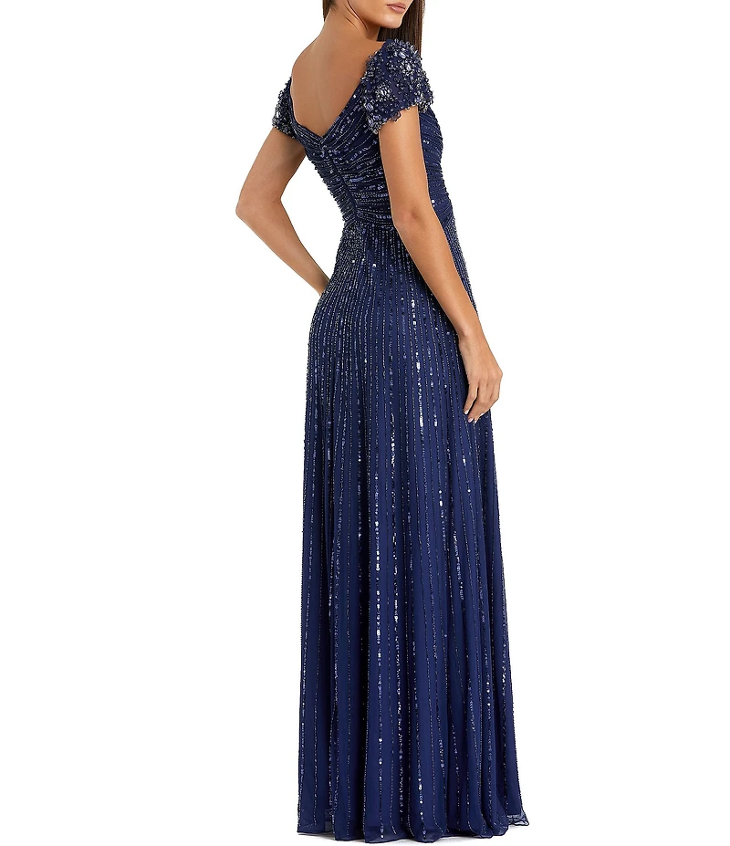 Mac Duggal Sequin Mesh V-Neck Beaded Shoulder A-Line Gown