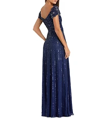Mac Duggal Sequin Mesh V-Neck Beaded Shoulder A-Line Gown
