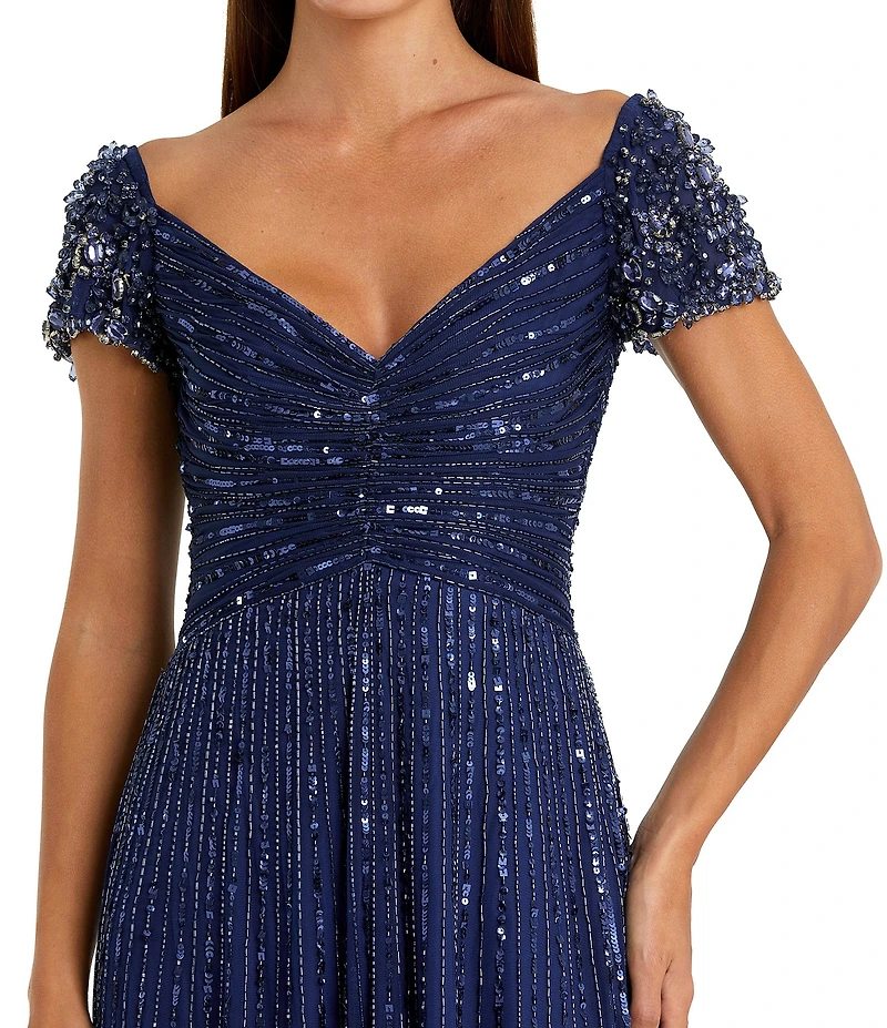 Mac Duggal Sequin Mesh V-Neck Beaded Shoulder A-Line Gown