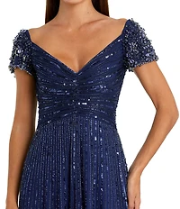 Mac Duggal Sequin Mesh V-Neck Beaded Shoulder A-Line Gown