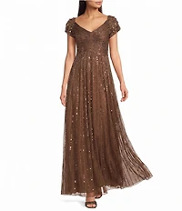 Mac Duggal Sequin Mesh V-Neck Beaded Shoulder A-Line Gown