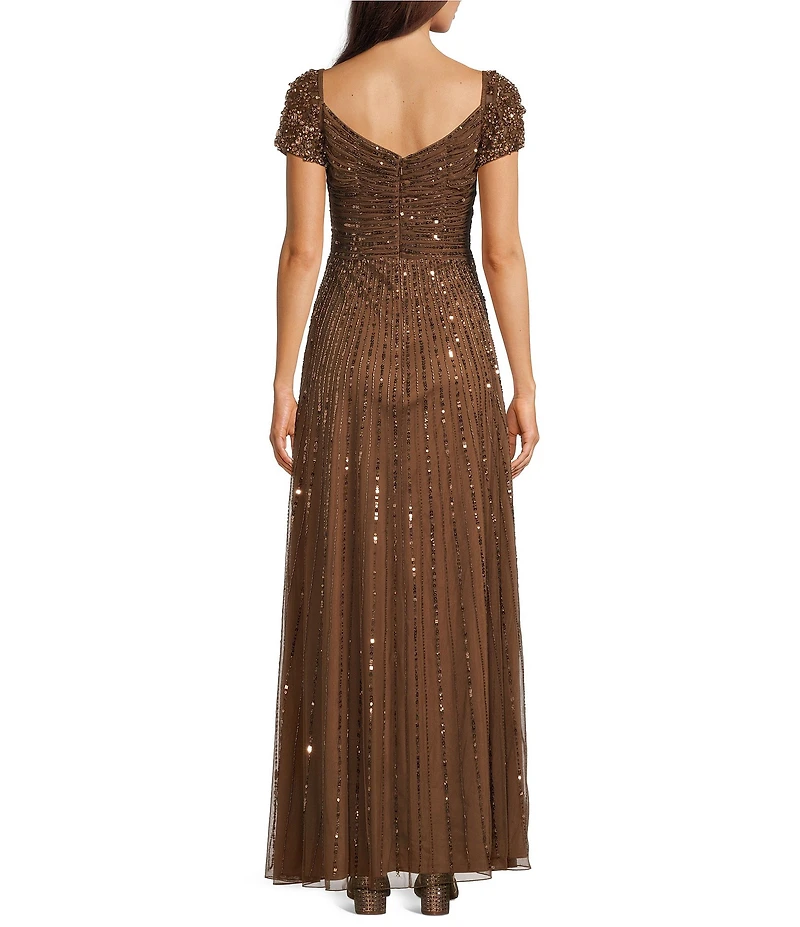 Mac Duggal Sequin Mesh V-Neck Beaded Shoulder A-Line Gown