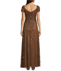 Mac Duggal Sequin Mesh V-Neck Beaded Shoulder A-Line Gown
