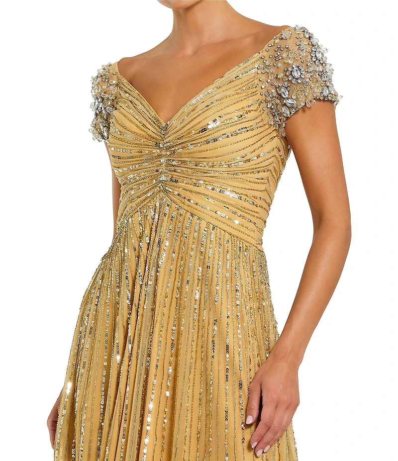 Mac Duggal Sequin Mesh V-Neck Beaded Shoulder A-Line Gown