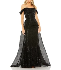 Mac Duggal Sequin Off The Shoulder Cap Sleeve Panel Train Gown