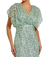 Mac Duggal Sequin Surplice V-Neck Draped 3/4 Sleeve Blouson Bodice Sheath Gown